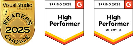 Logos for awards that Redgate Flyway has received - G2 High Performer and High Performer Enterprise, and VS Magazine Gold Award