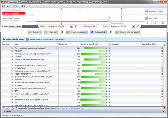 Figure 12. The instance list view shows us a set of strings which we recognize as coming from our SQL Database. Figure 12. The instance list view shows us a set of strings which we recognize as coming from our SQL Database.