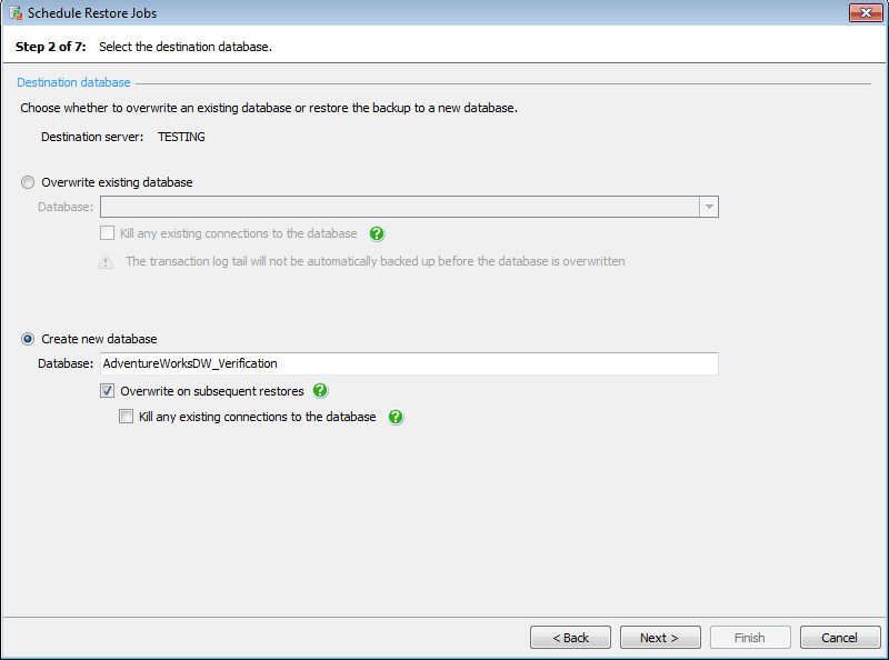 Choose whether to overwrite an existing database or restore to a new database Choose whether to overwrite an existing database or restore to a new database