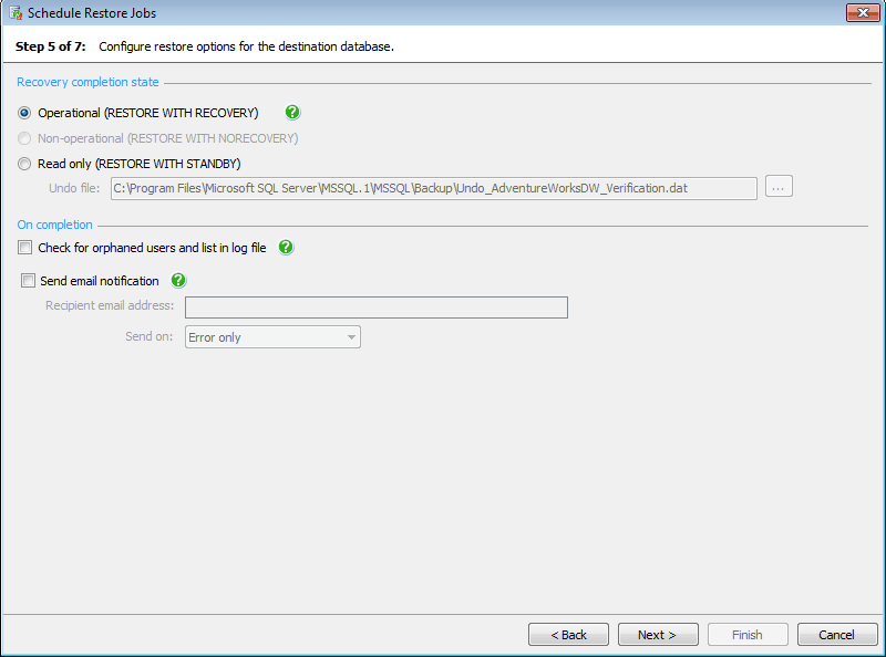Configure restore options for the destination database Configure restore options for the destination database