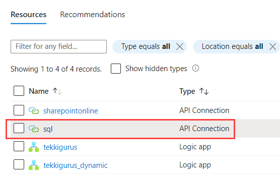 an overview of all resources in the resource group, with an API connection highlighted