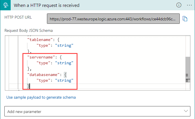 screenshot of the HTTP trigger, with two extra fields highlighted in the JSON request body. One field for the database name and another for the server name.